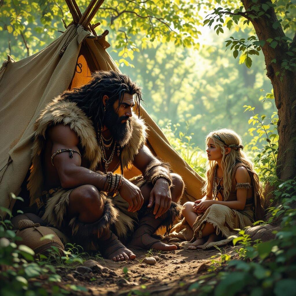 Cro-Magnon and Neanderthal in Forest Tent, Matte Painting
