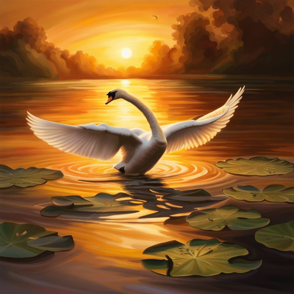 Swan Gliding at Sunset: Hyperrealistic Oil Painting
