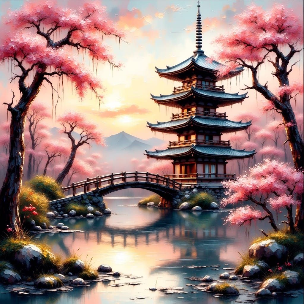 Japanese Pagoda in Cherry Blossom Garden
