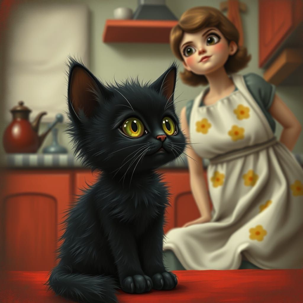 Fluffy Kitten in Kitchen, Surreal Digital Art