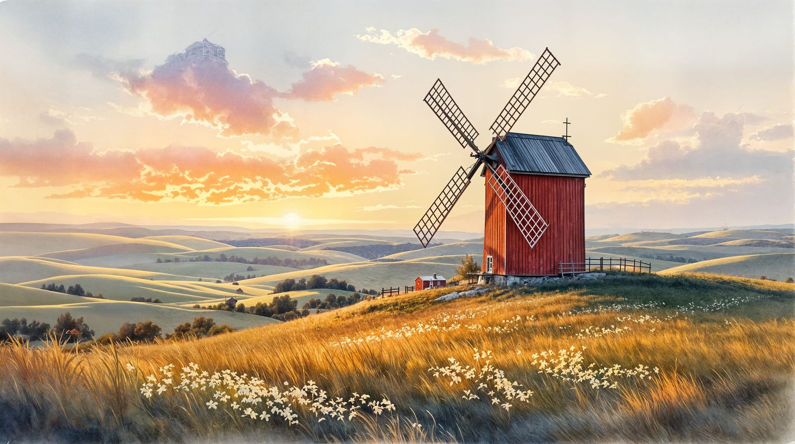 Windmill Amidst Golden Norwegian Hills
