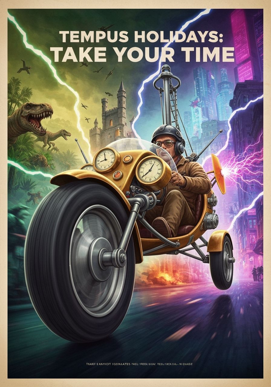 Retro-Futuristic Gyrocar Racing Through Time Eras