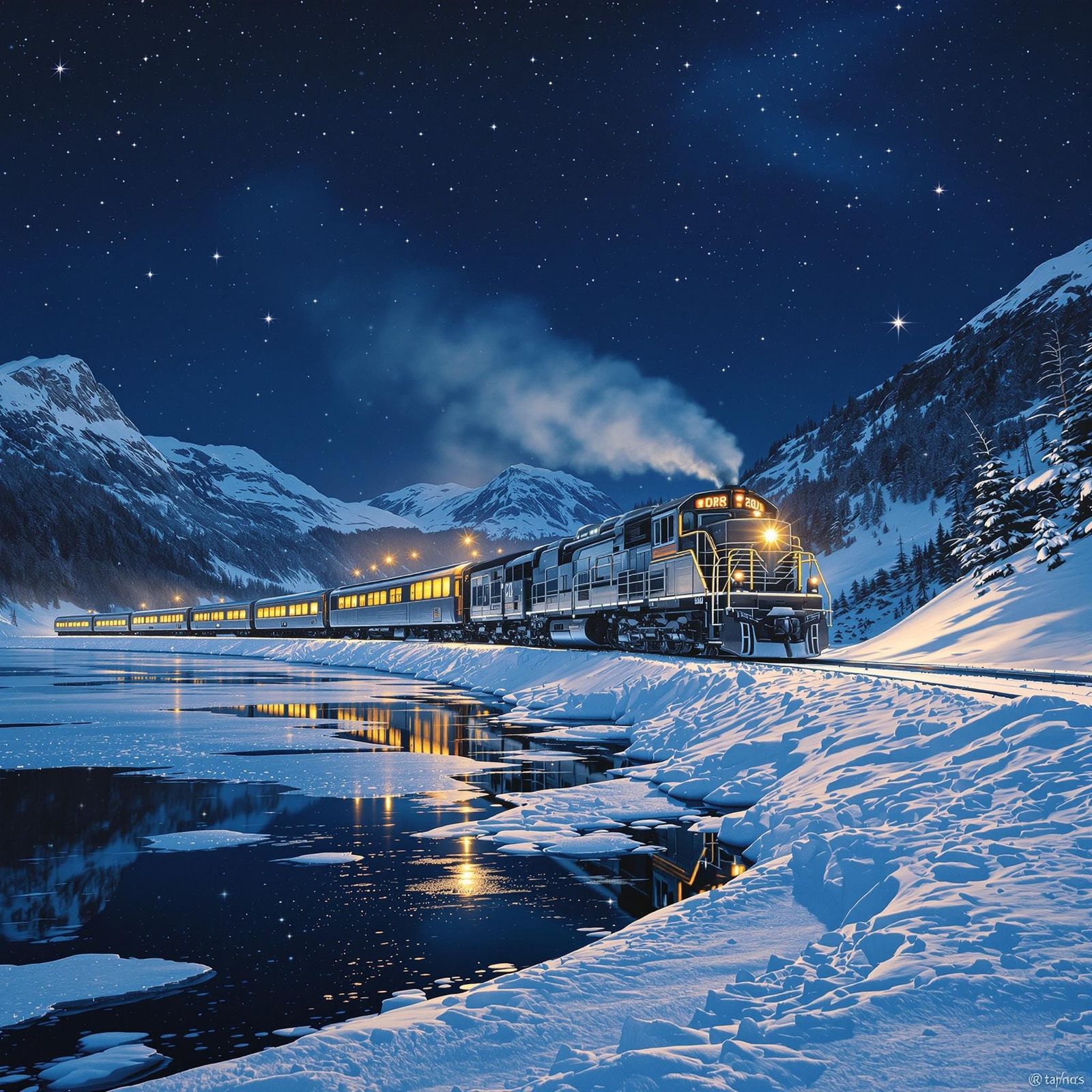 Futuristic Train on Snowy Landscape at Night