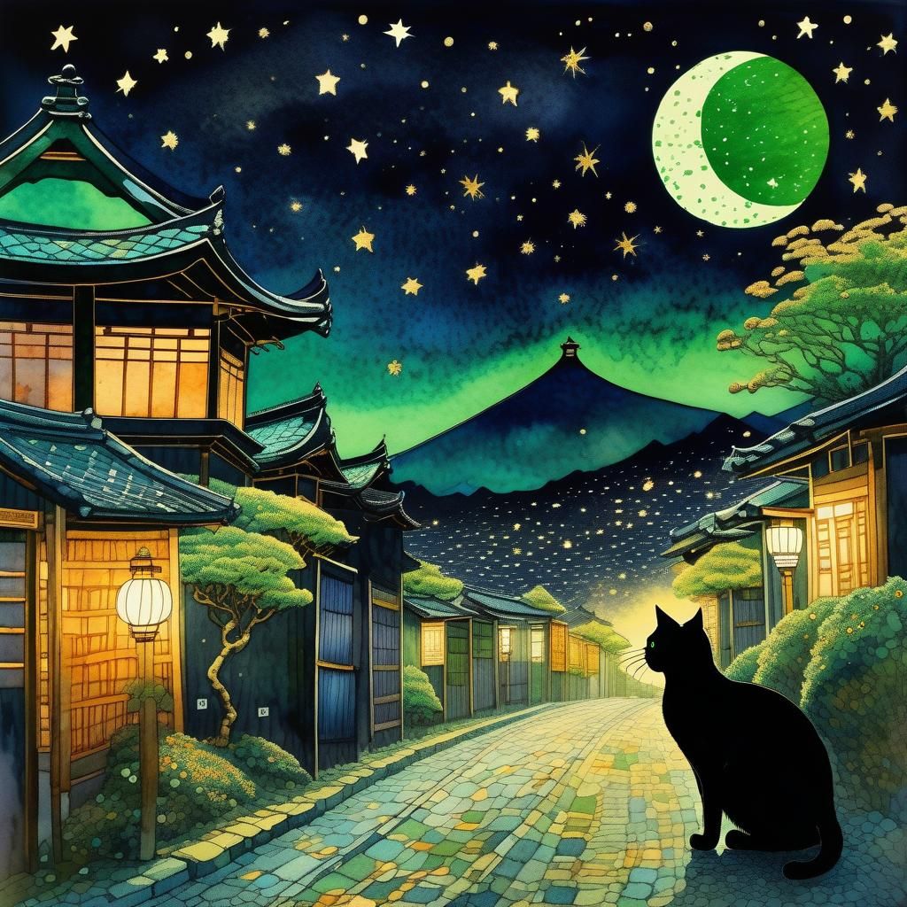 Black Cat in Ancient Japan: Moody Watercolor