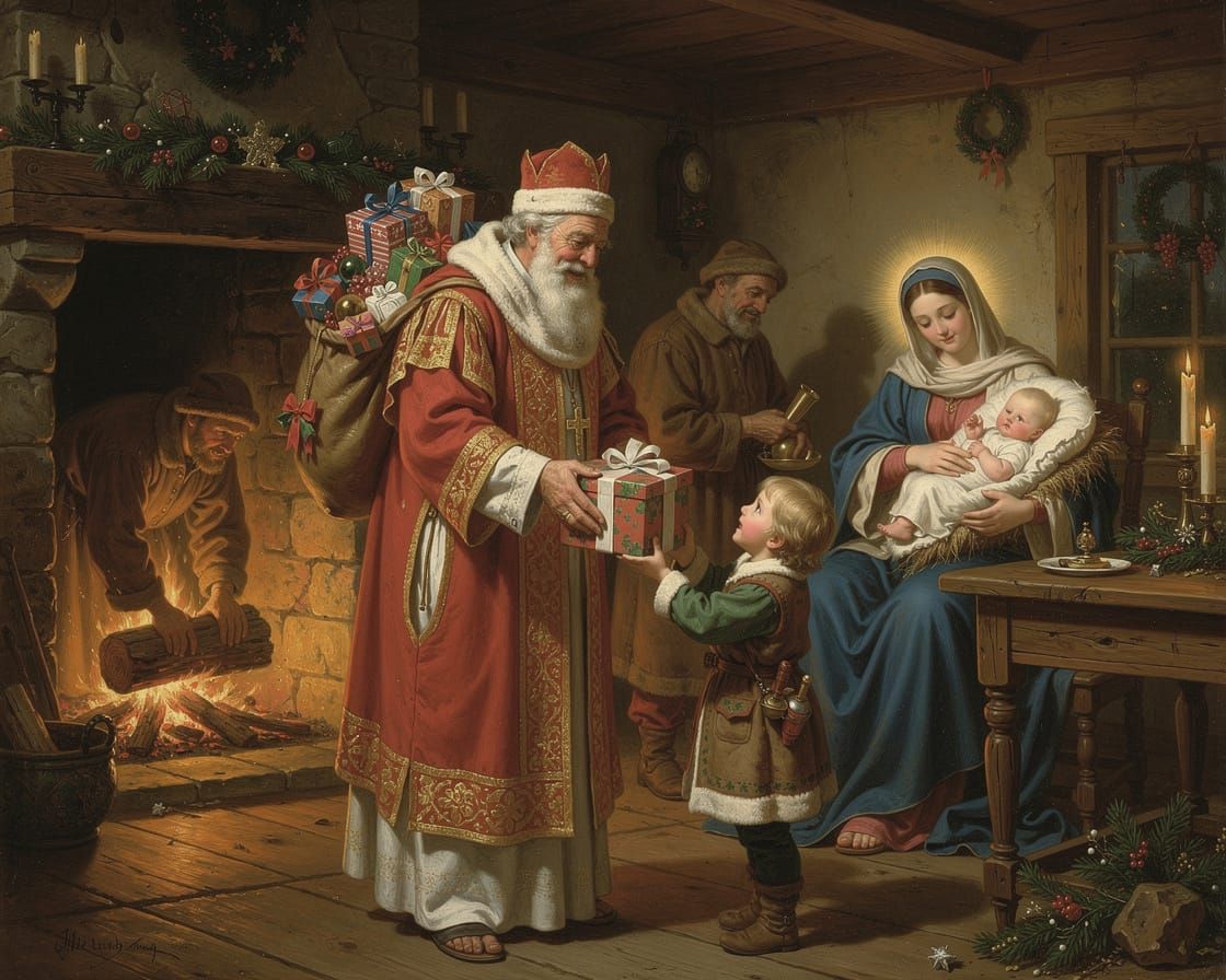 Christmas Eve Scene with Saint Joseph and Newborn Jesus