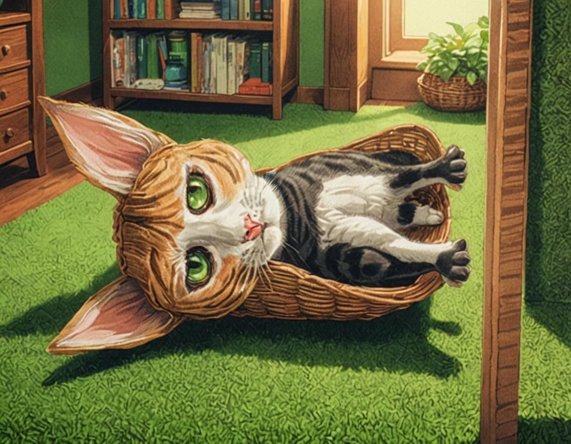 Cat in Basket: Cel-Shaded Anime Style Art