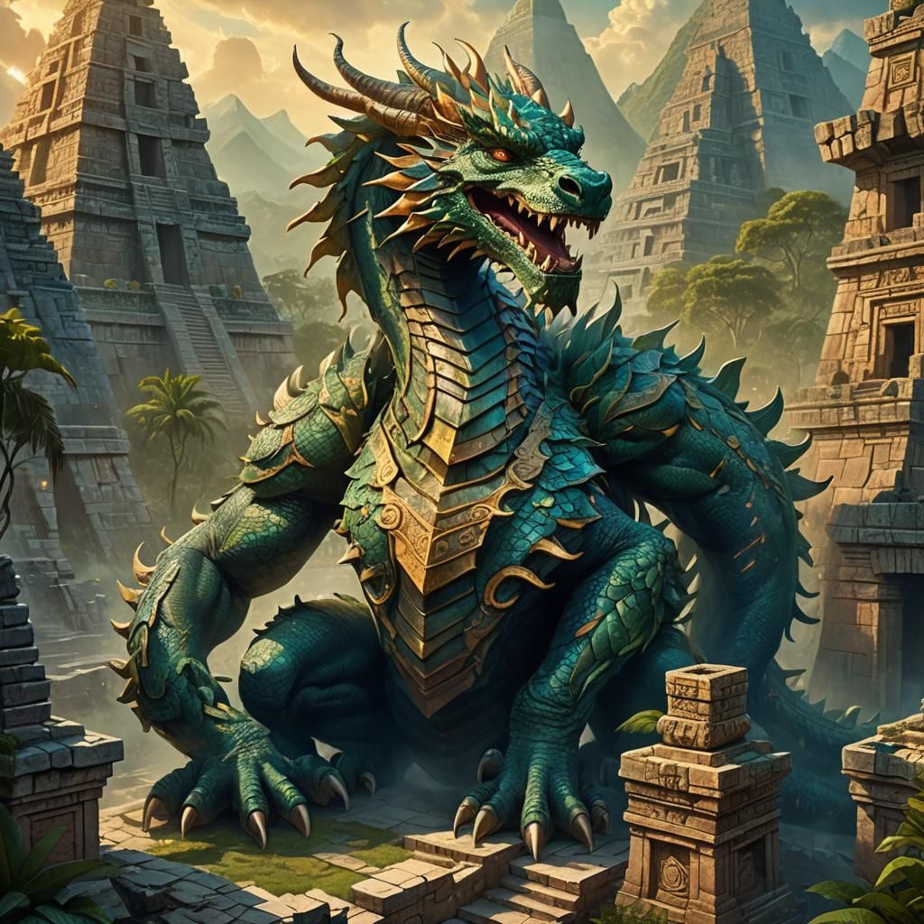 Dragon Coiled Around Aztec Pyramid in Fantasy Art