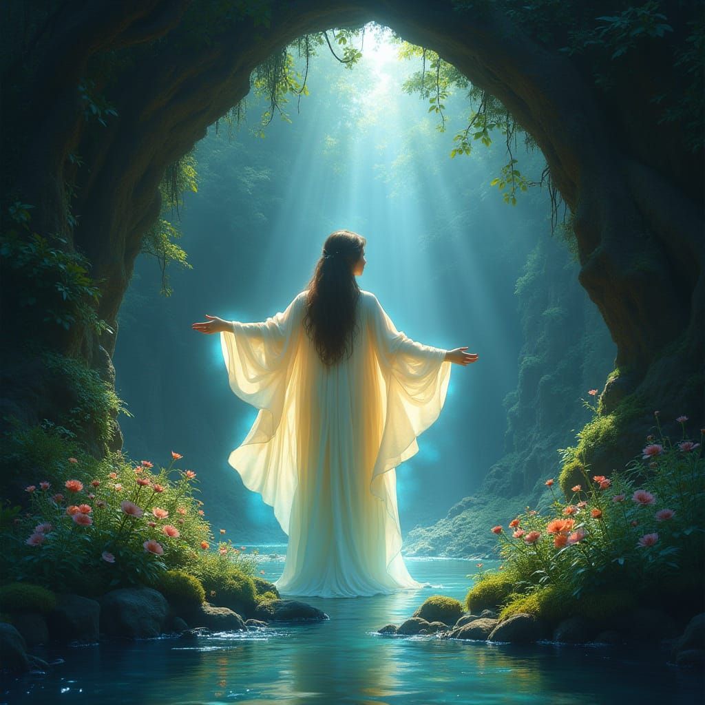 Radiant Goddess Emerges from Ancient Forest Grotto in Detail...