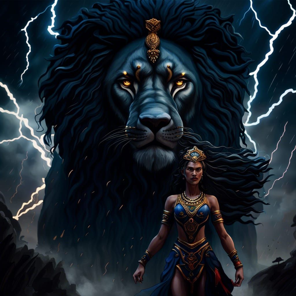 Ishtar with Black Lion in Thunderstorm