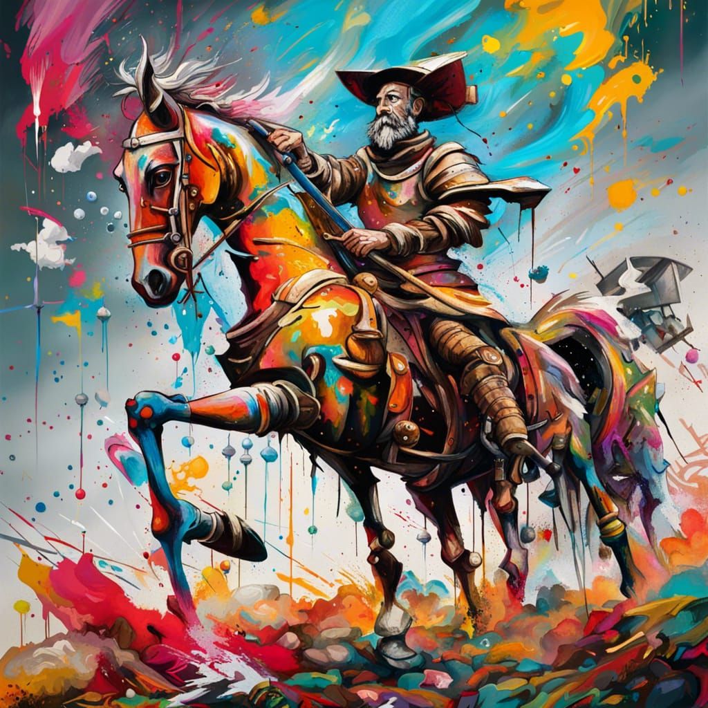 Don Quixote Windmill Battle in Graffiti Art Style
