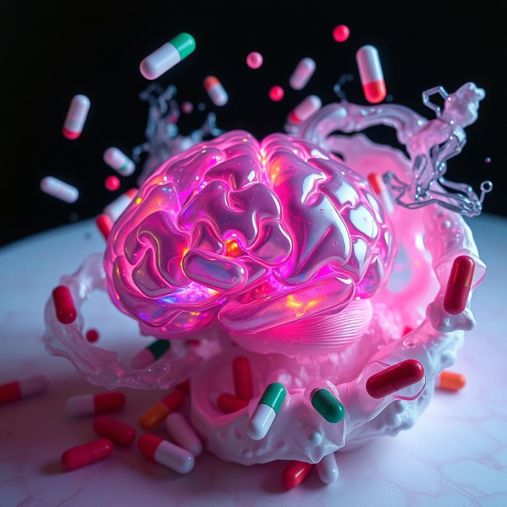 Psychedelic Brain Sculpture with Pills in Neon Colors