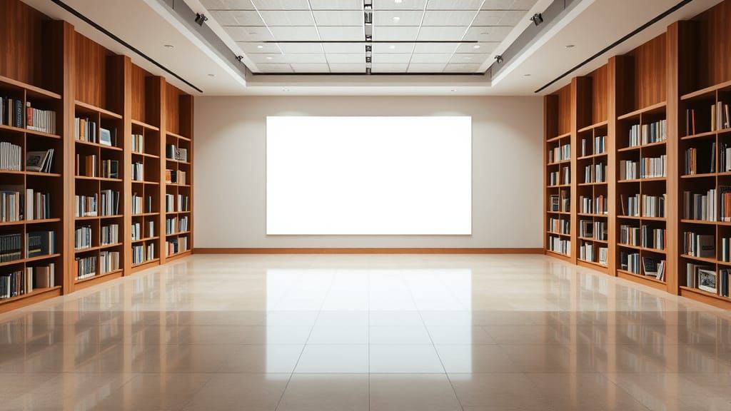 Modern YouTube Studio with Digital Screen and Bookshelves