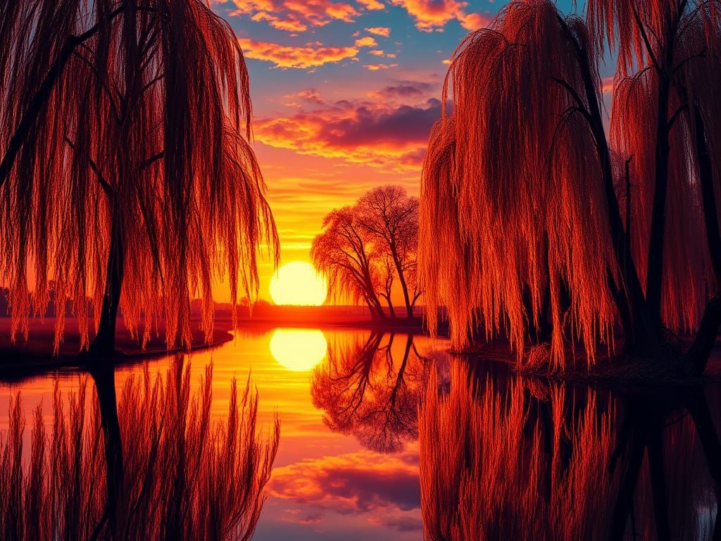 Cosmic Sunset With Weeping Willow Reflections