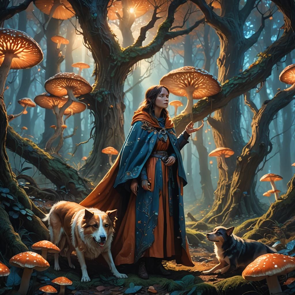 Mystical Forest: Woman Wakes Dog in Fantasy Art