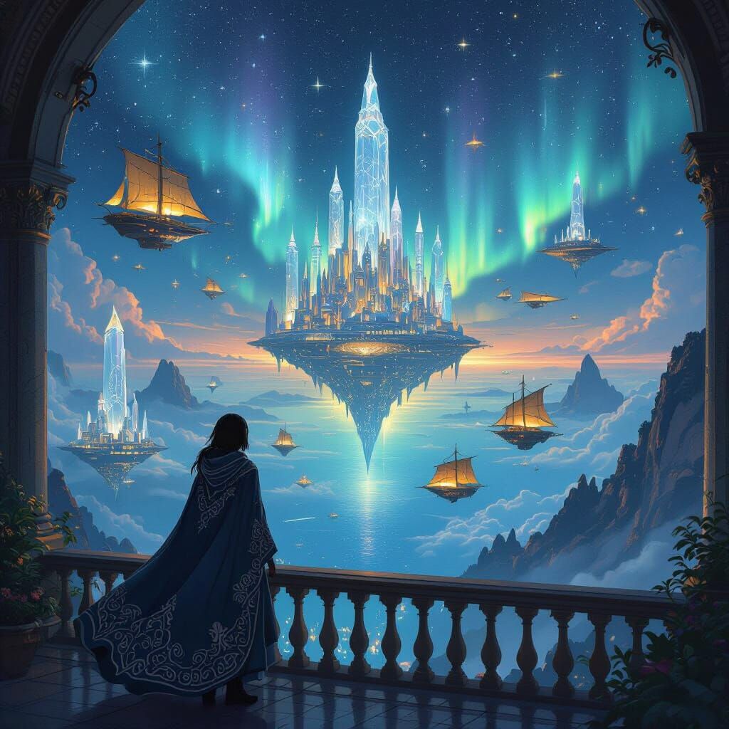 Floating City Above Bioluminescent Ocean, Surreal Style