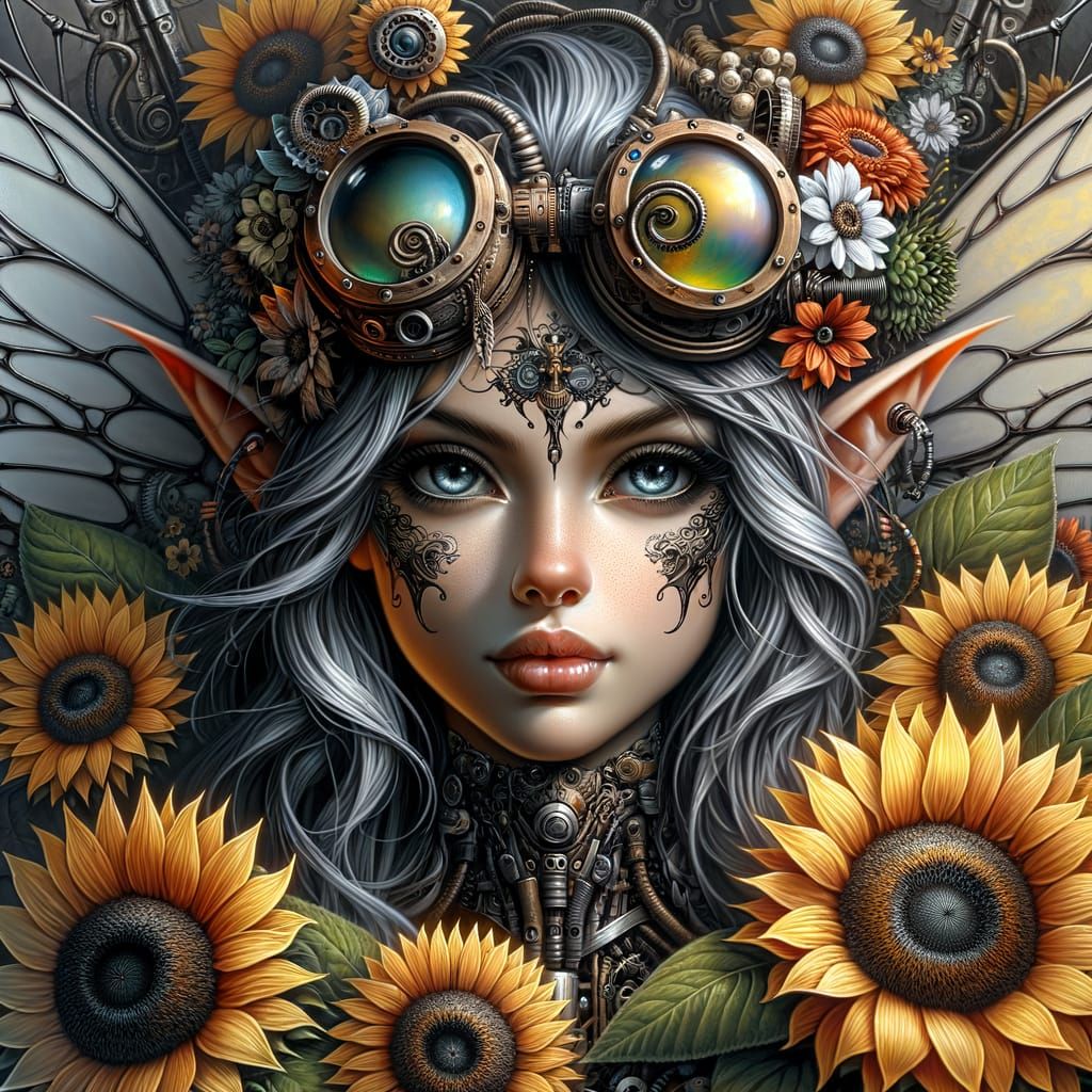 Steampunk Pixie Fairy with Sunflowers, Oil Painting Style