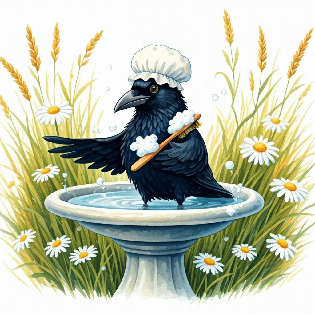 Crow's Bath: Watercolor in Beatrix Potter Style