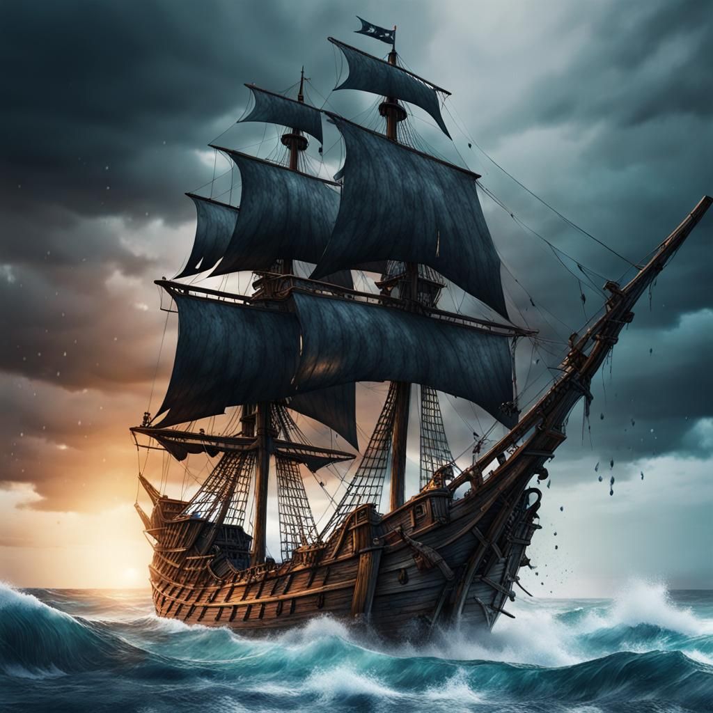 Pirate Ship in Stormy Sea: Watercolor Art