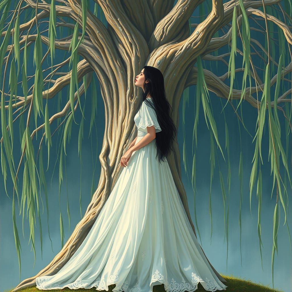 Delicate Woman Under Weeping Willow's Ethereal Canopy