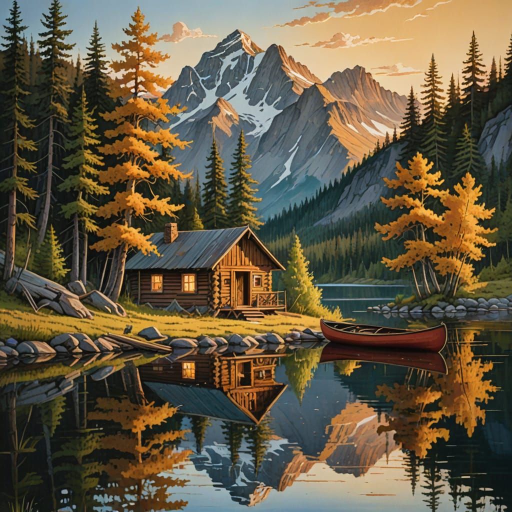 Cabin by Lake: Gouache Painting with Canoe