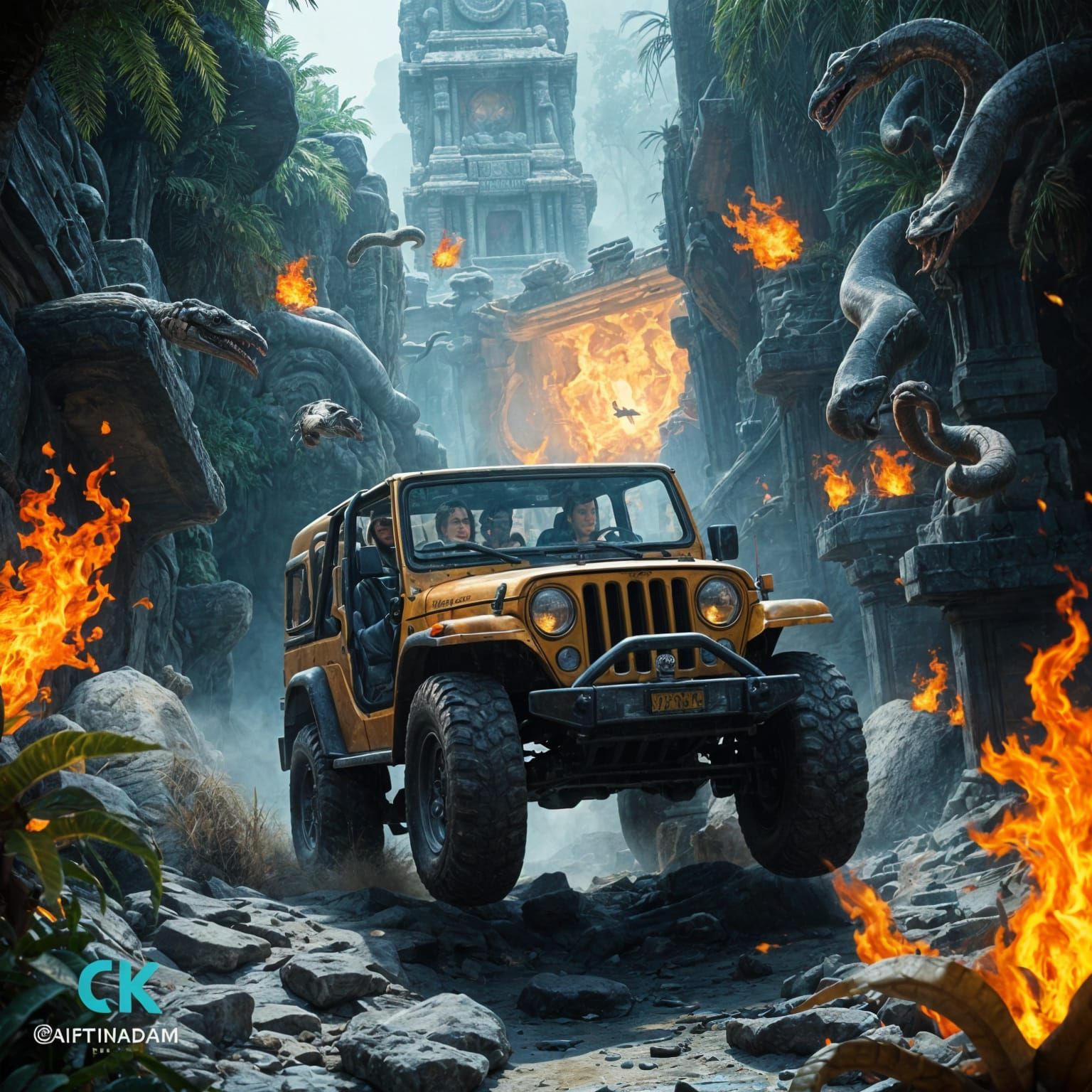 Indiana Jones Temple Adventure in Vibrant 8k Fantasy Art