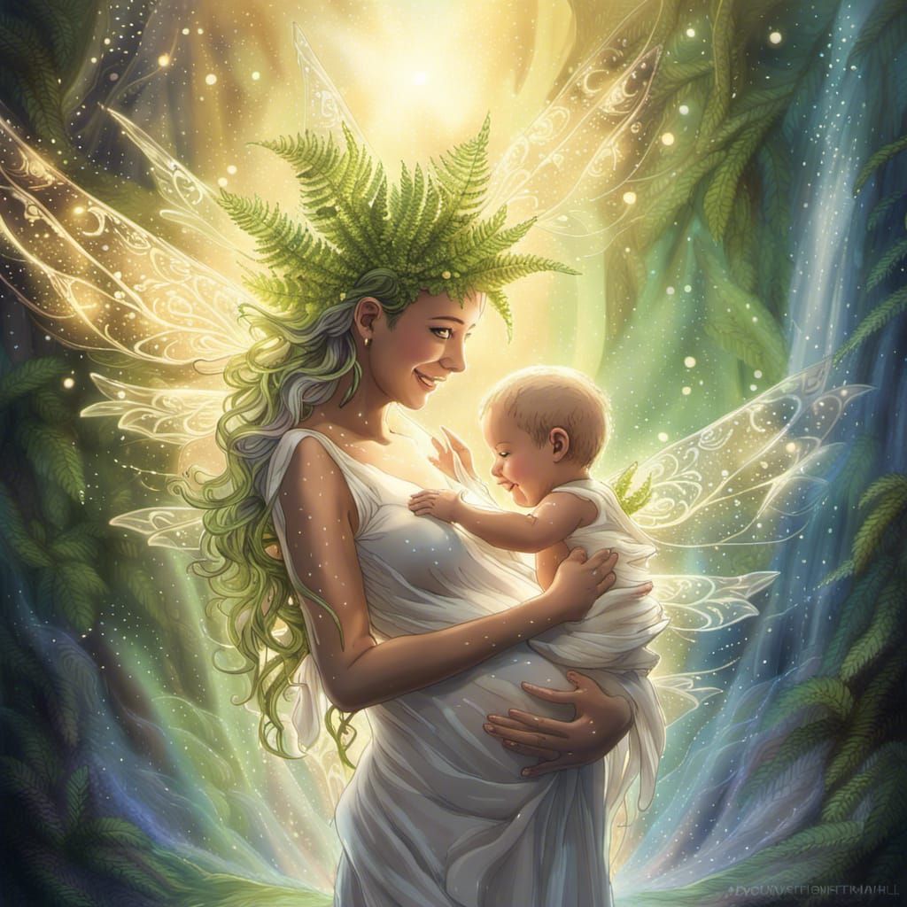 Pregnant Fairy Goddess with Baby in Suminagashi Style