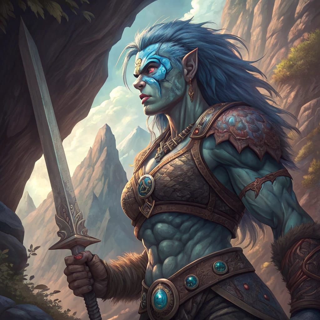 Majestic Blue-haired Oread Bloodrager in Detailed Fantasy Co...
