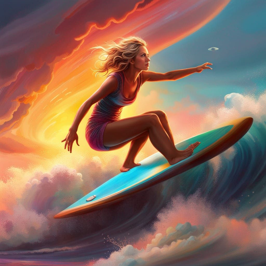 Girl Surfing Sunset UFO in Splash Art Style