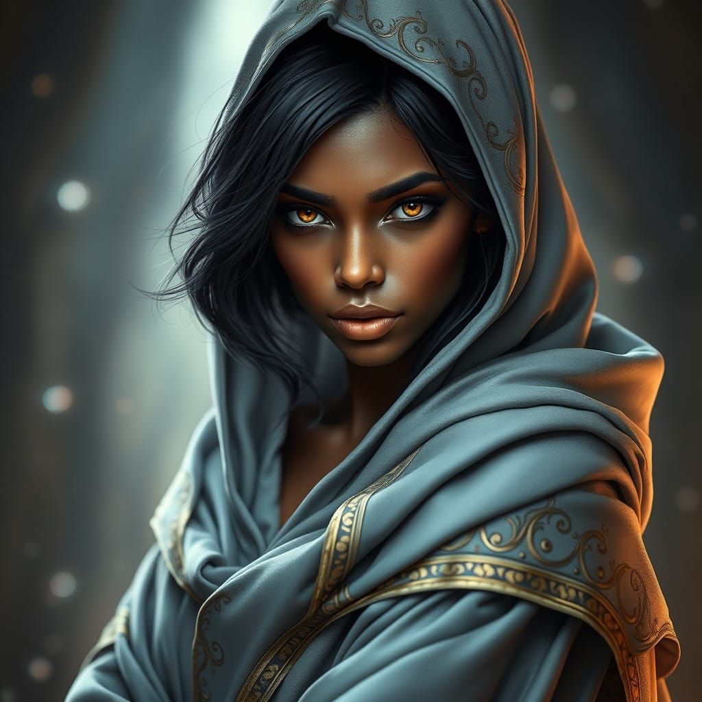 Ethereal Female Wizard with Hazel Eyes and Dark Skin