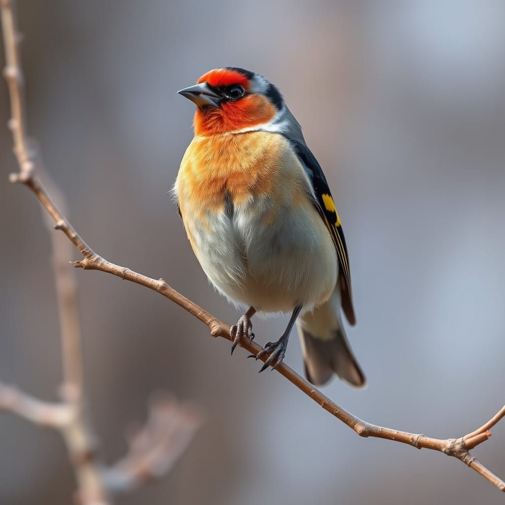European Goldfinch Perched on Branch in Sunny Woodland