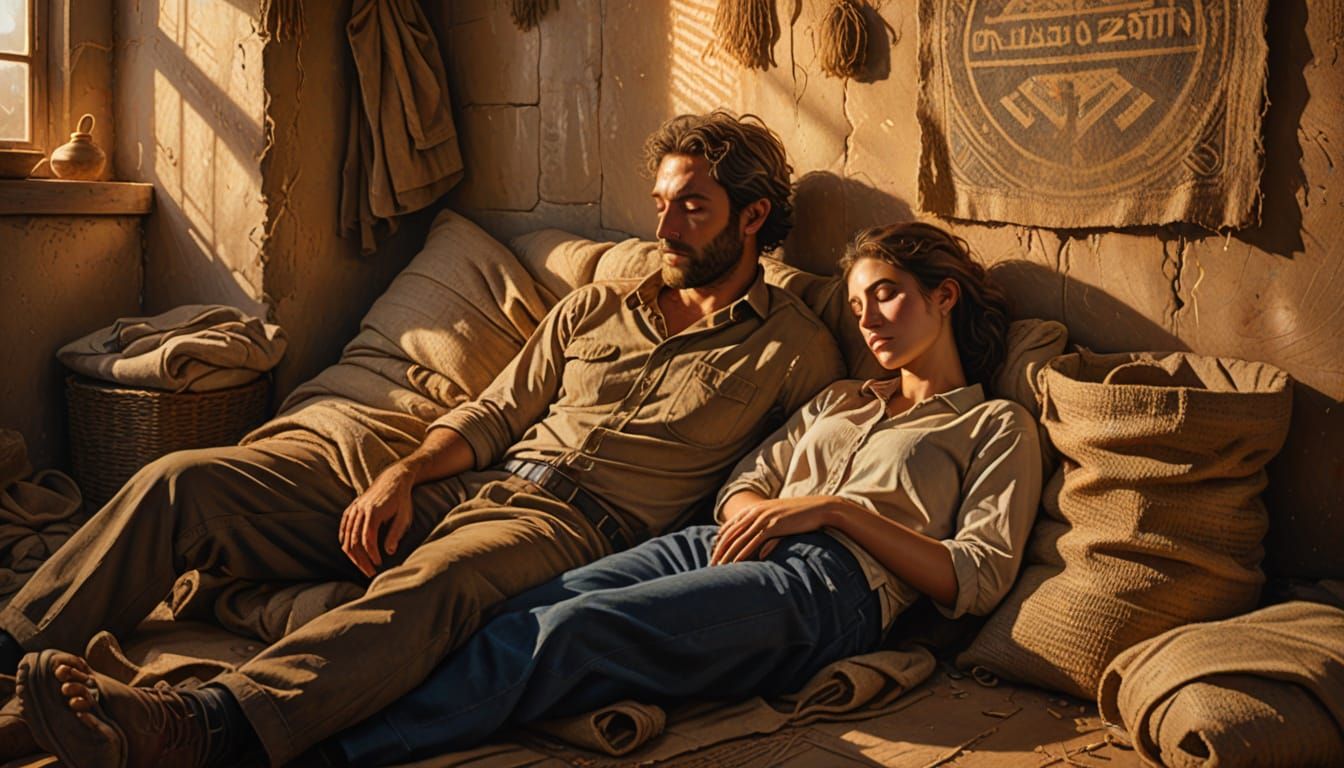 Dramatic Threshing Floor Scene with Sleeping Man