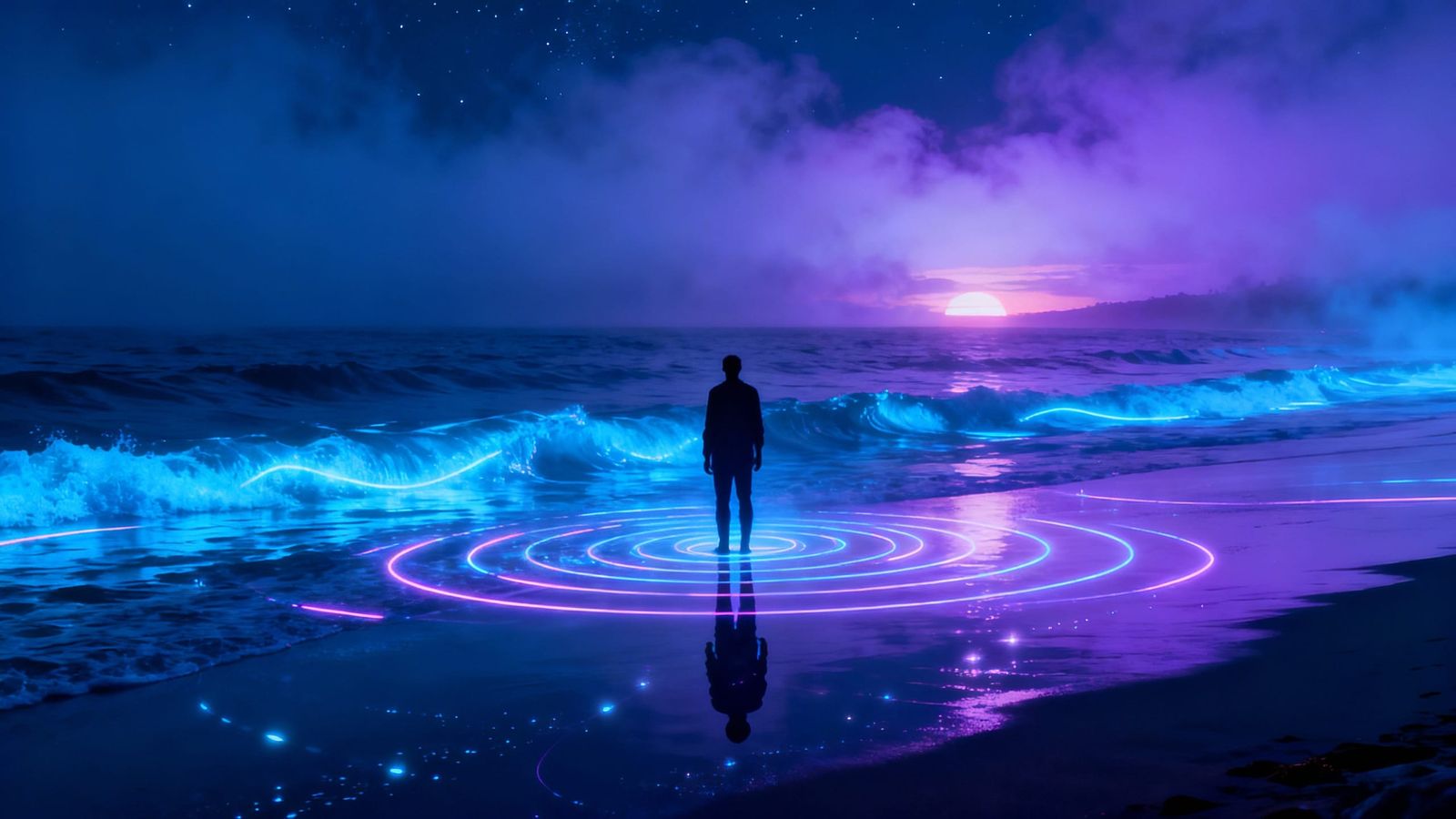 Glowing Ocean Waves at Night With Shoreline Silhouette