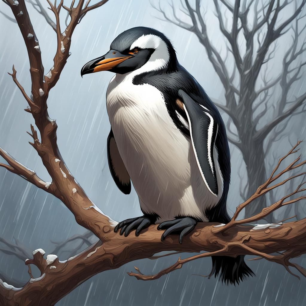 Penguin Portrait in Stormy Winter Tree, Digital Art