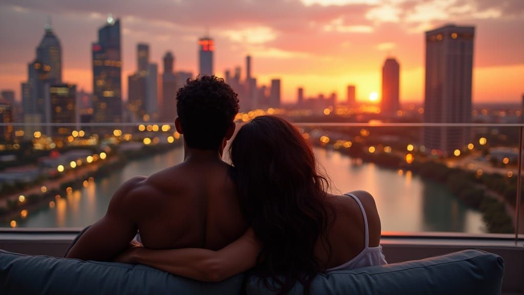 Couple's Intimate Moment Amidst Houston Skyline