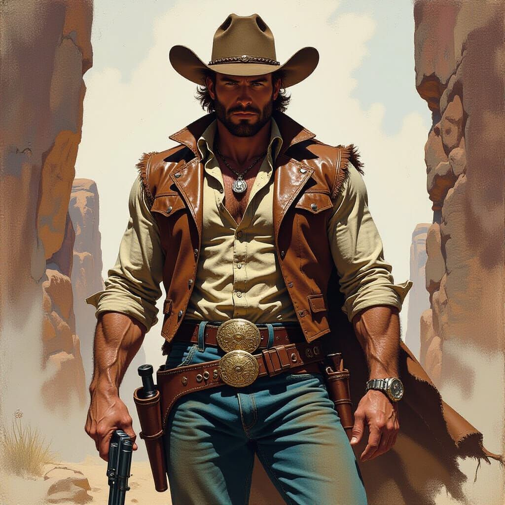 Heroic Cowboy Surrounded by Frontier Treasures