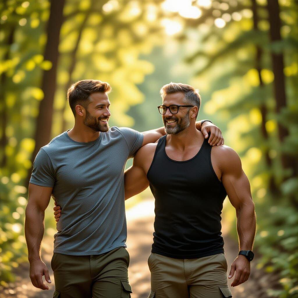 Attractive Men in Sun-Dappled Forest: Hyperrealistic
