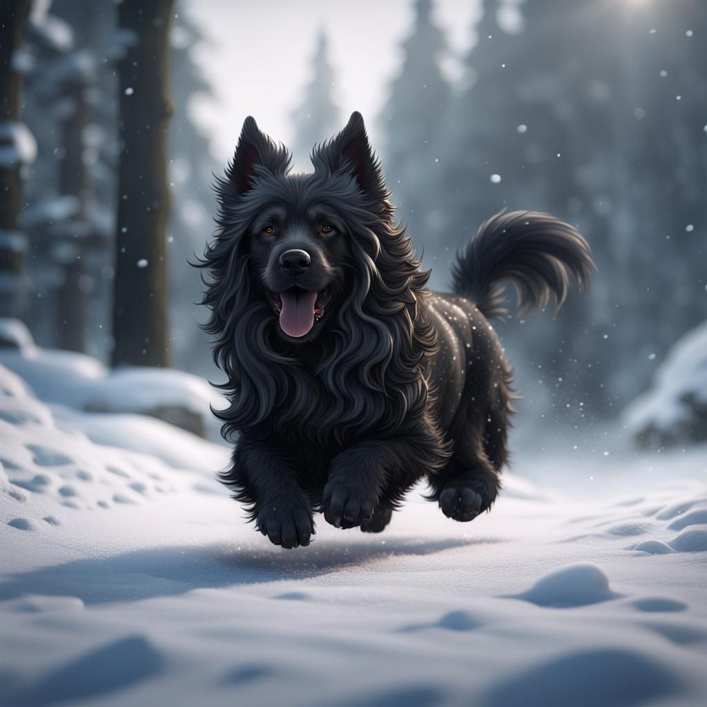 Fluffy Black Dog Playing in Snow, Detailed Matte Painting