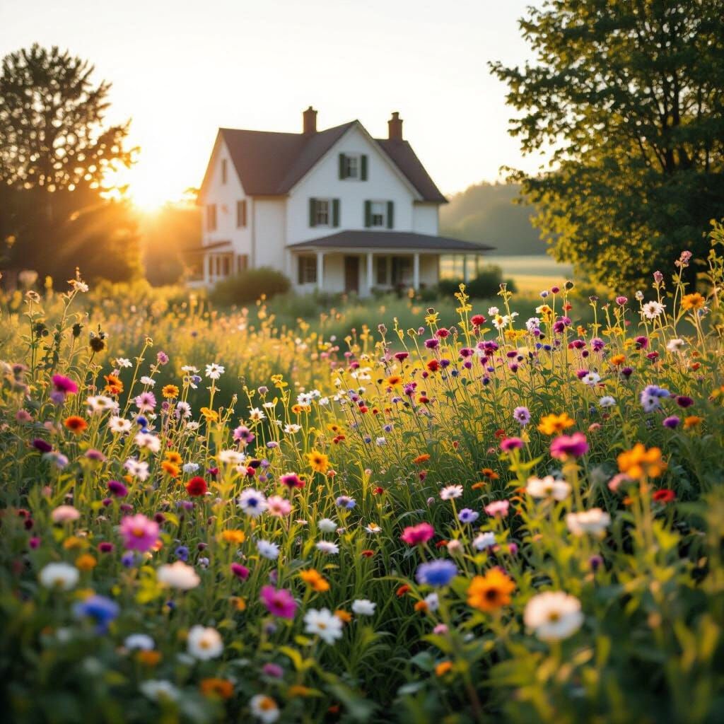 Joyful Farmhouse Garden in Warm Morning Light