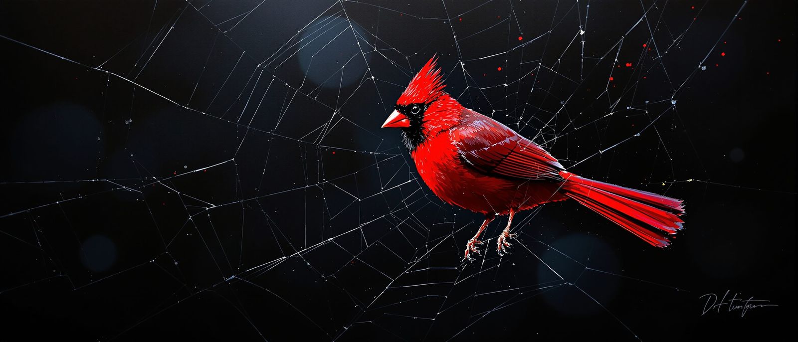 Intense Oil Painting of Red Cardinal in Spider Web