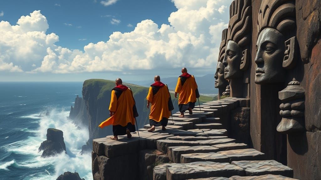 Saffron Robed Monks Ascend a Serpentine Cliff