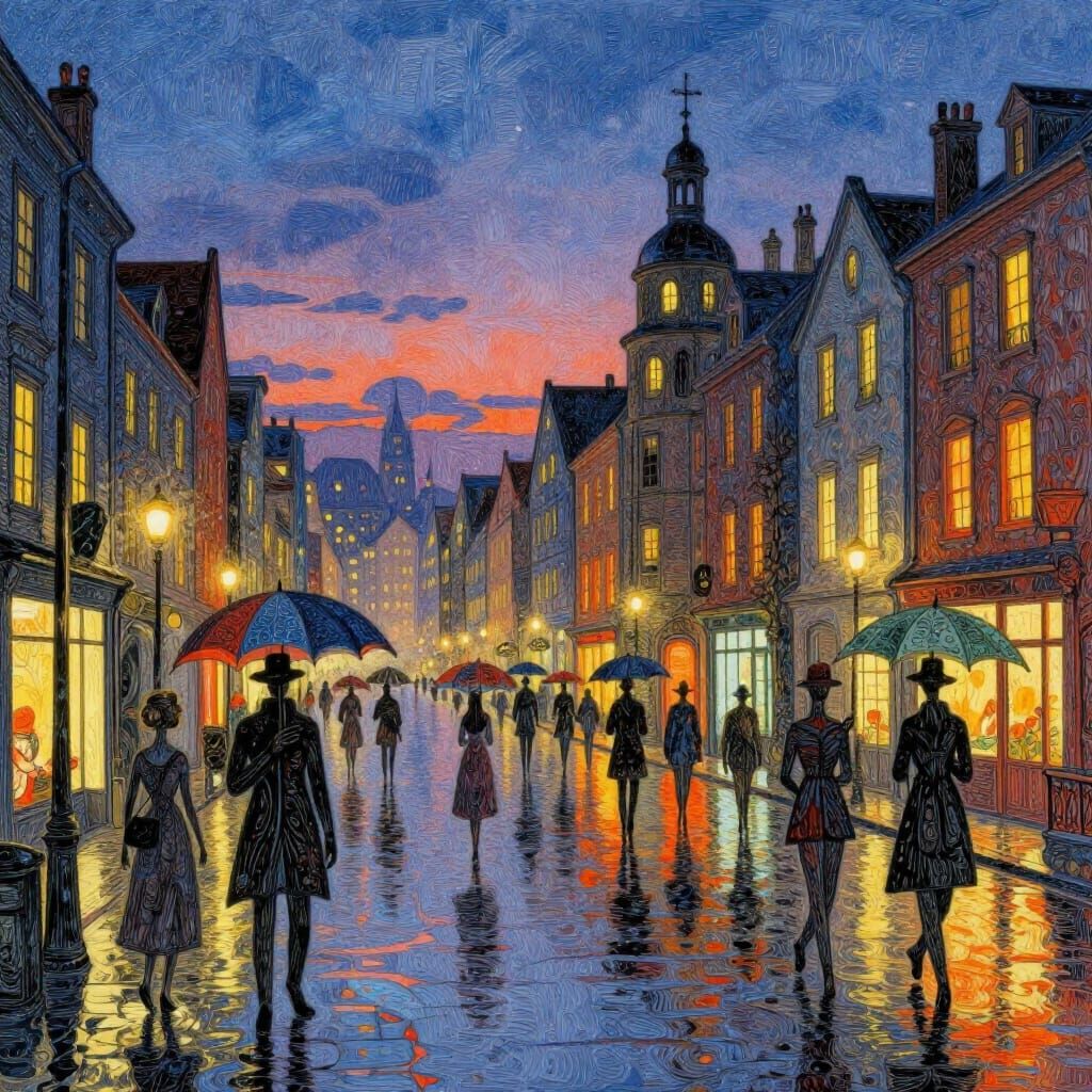 Twilight City in the Rain