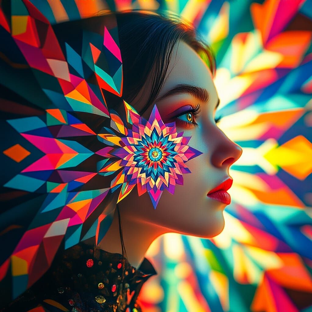 Kaleidoscope Woman: Geometric Portrait in a Hyperrealistic S...