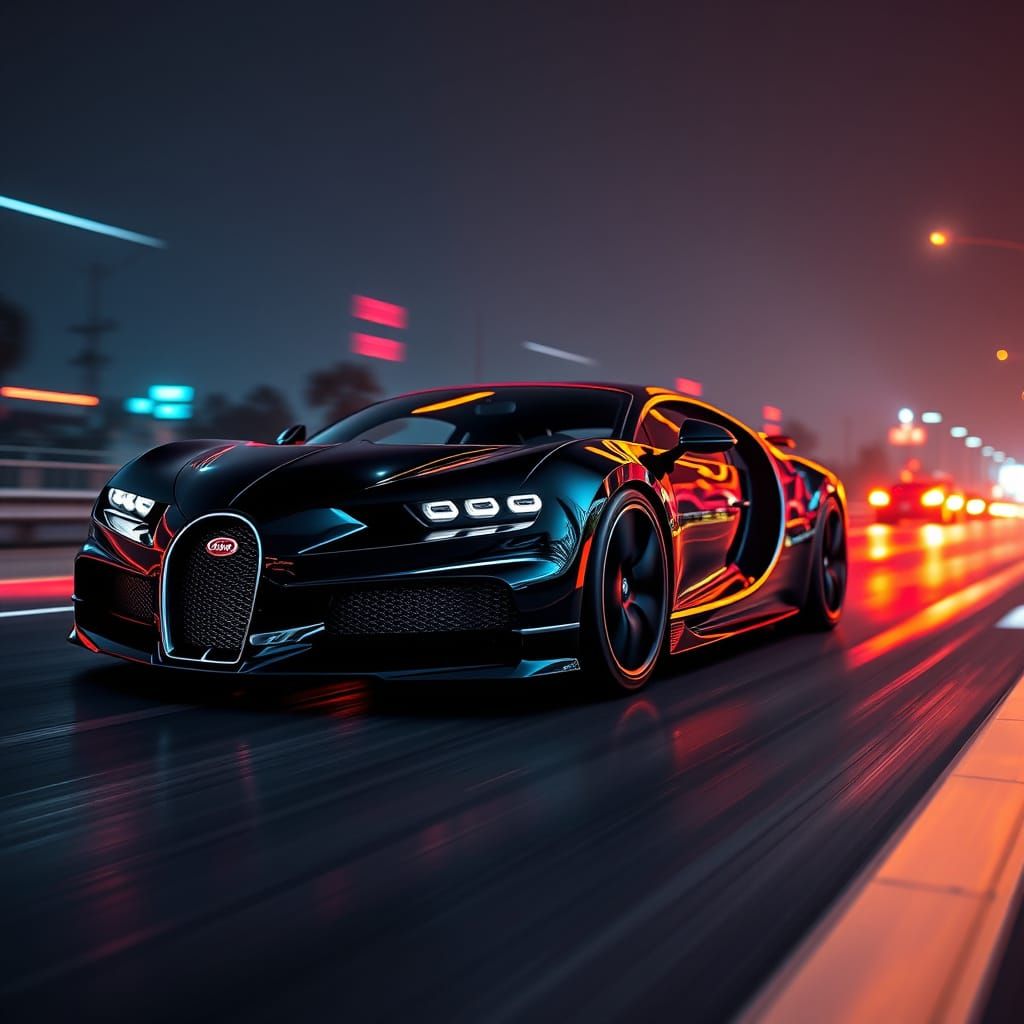 Bugatti Chiron Hypercar Speeds Down Glossy Asphalt Road