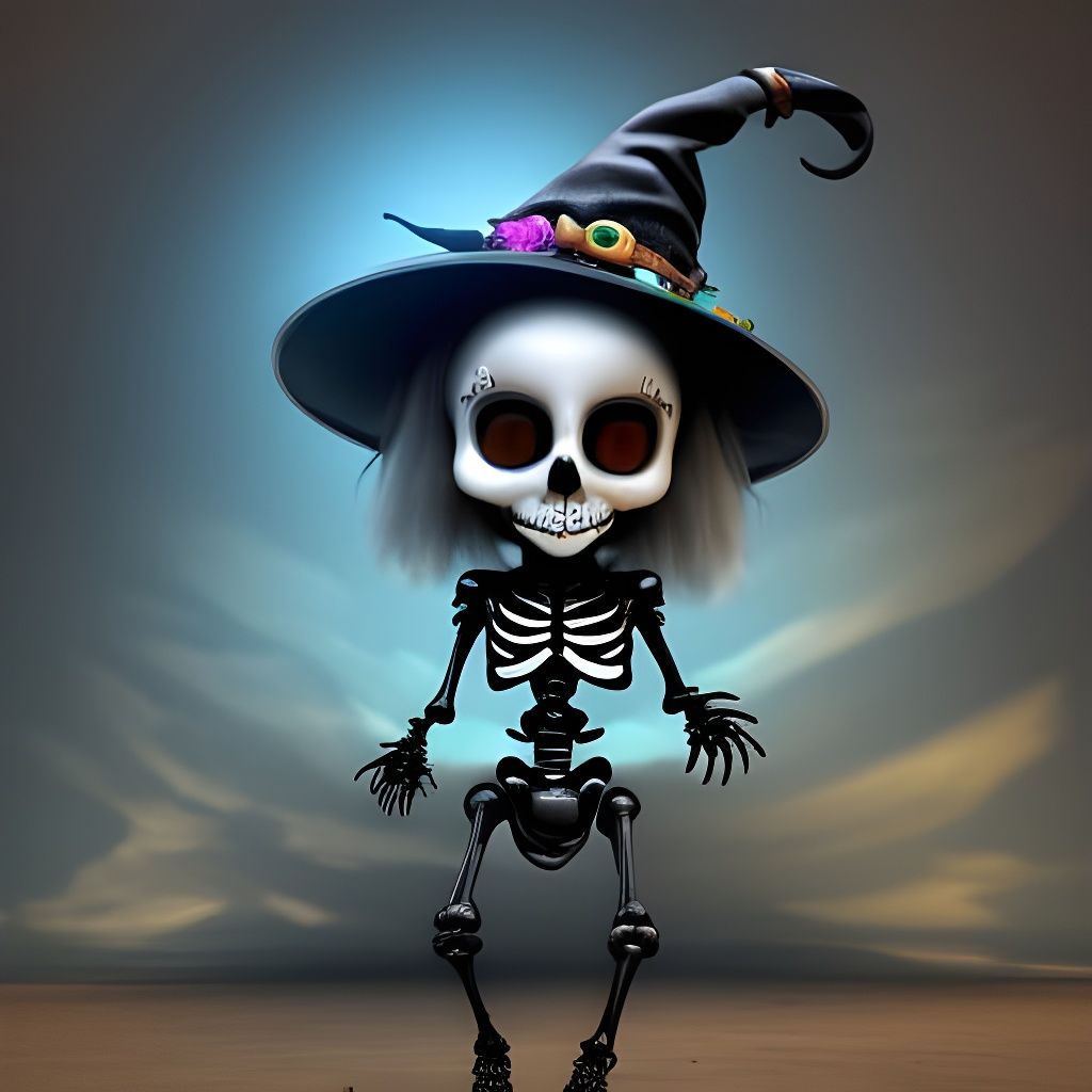 Cute Baby Skeleton Creature in Witch Hat