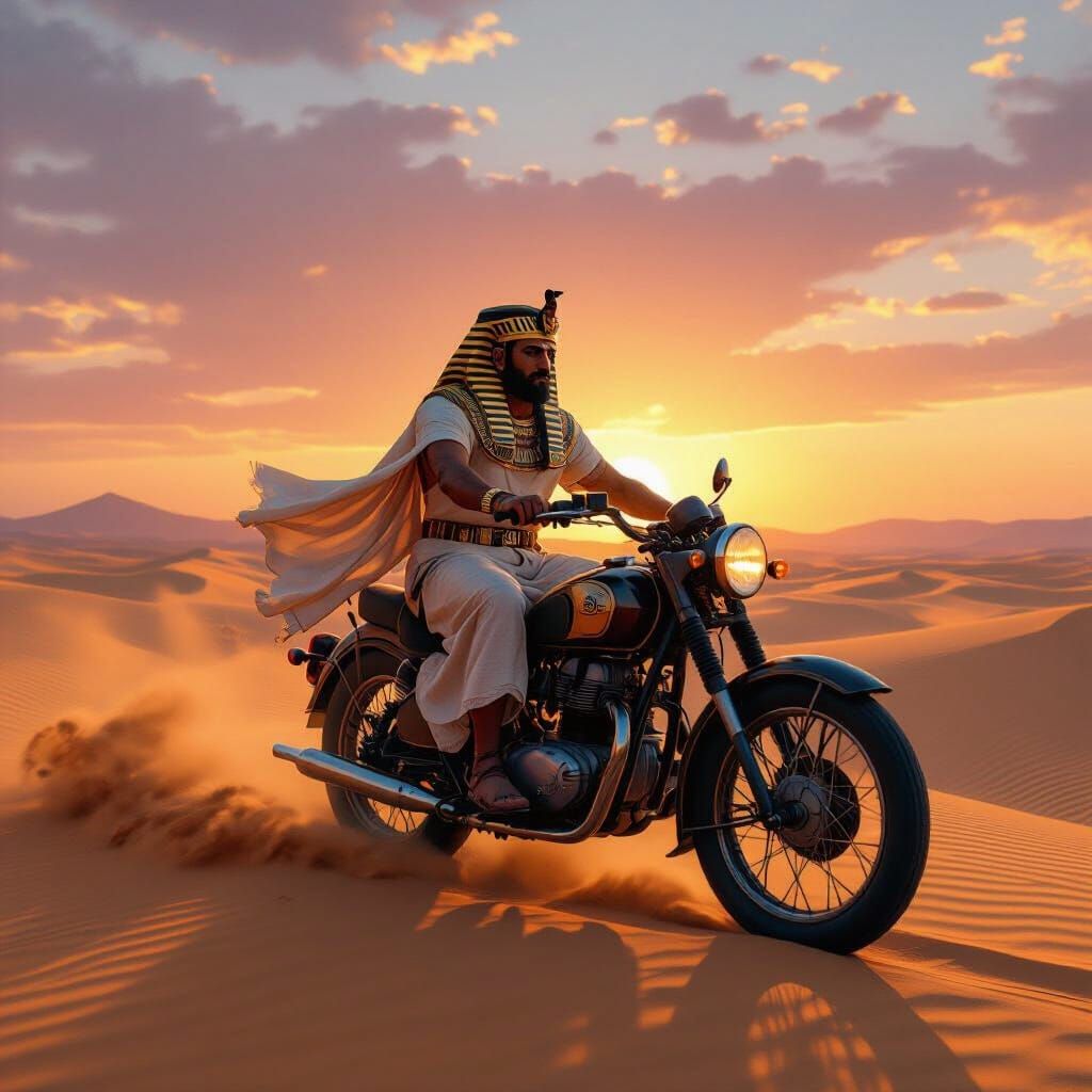 Sinuhet Rides a Vintage Motorcycle in Desert Sunset