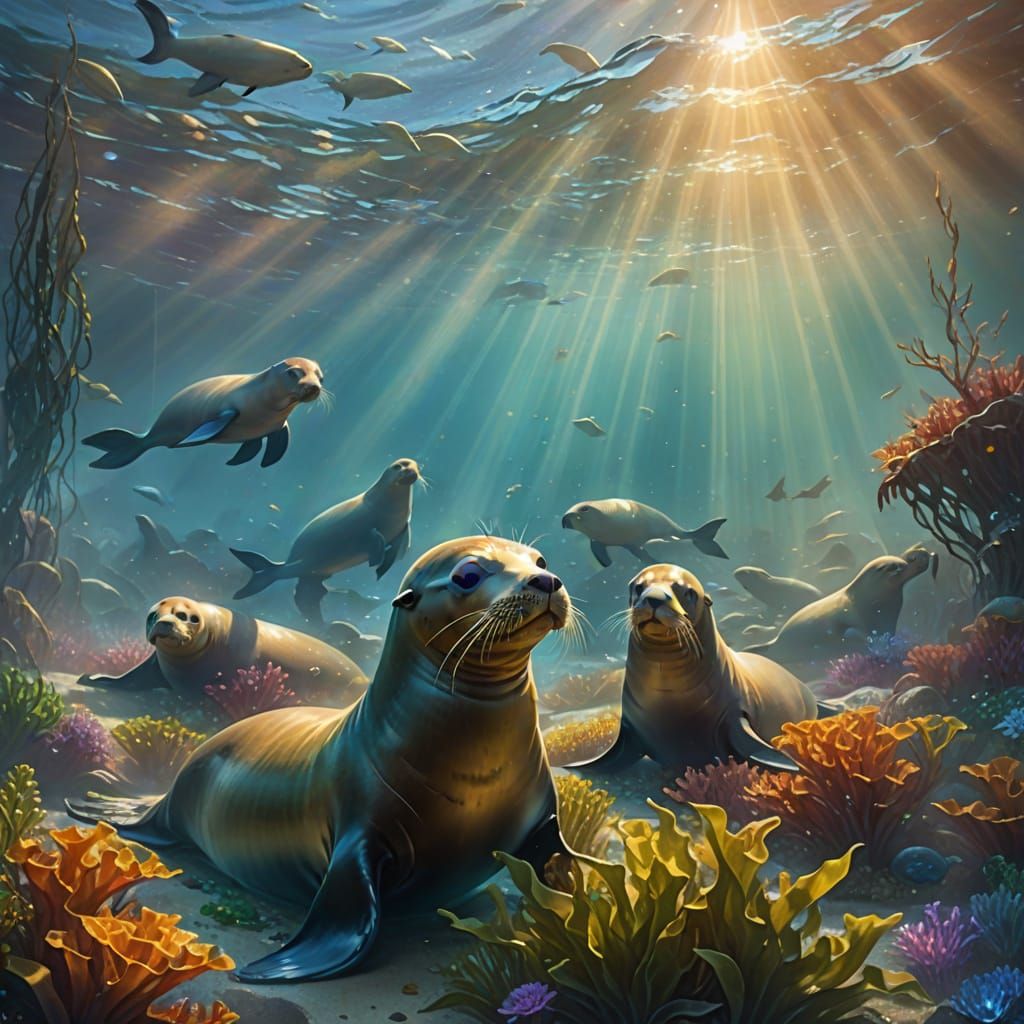 Sea Lions Swim in Ethereal, Sunlit Kelp Forest