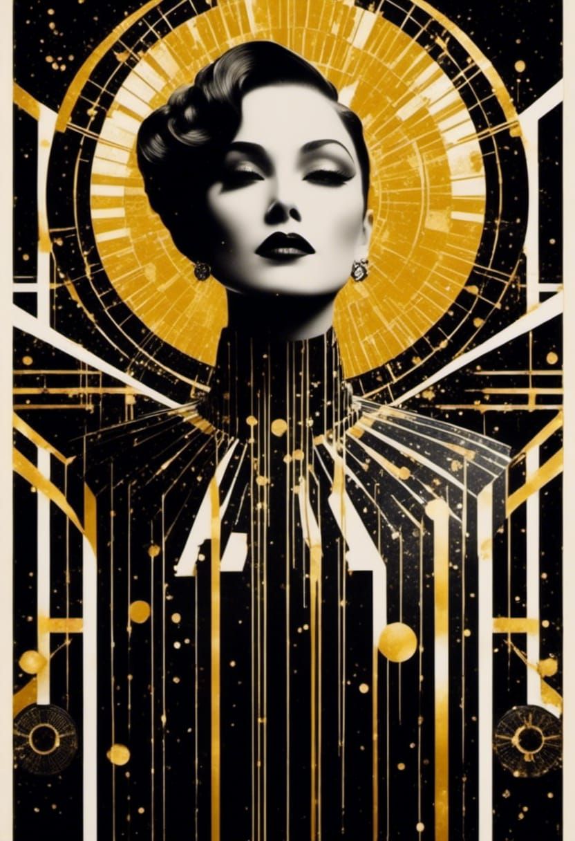Art Deco Matrix Illustration in Black, White, and Gold