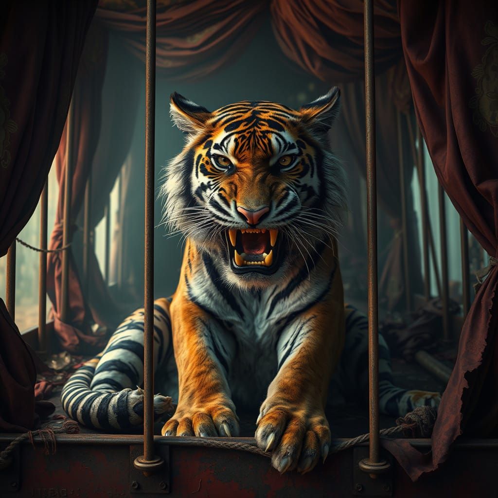 Majestic Tiger in Dystopian Carnival Car