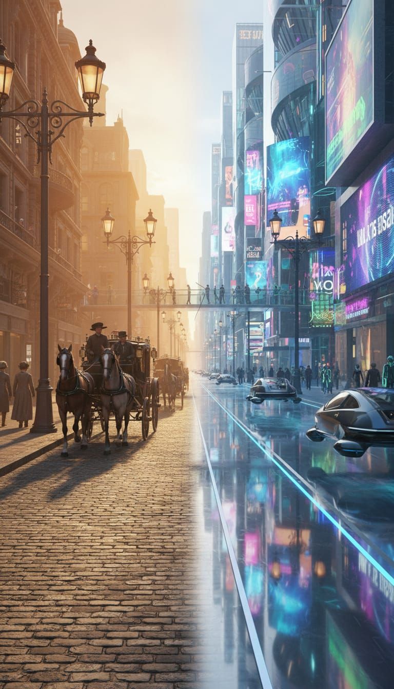 Dual Timeline Street Scene: Past Meets Future