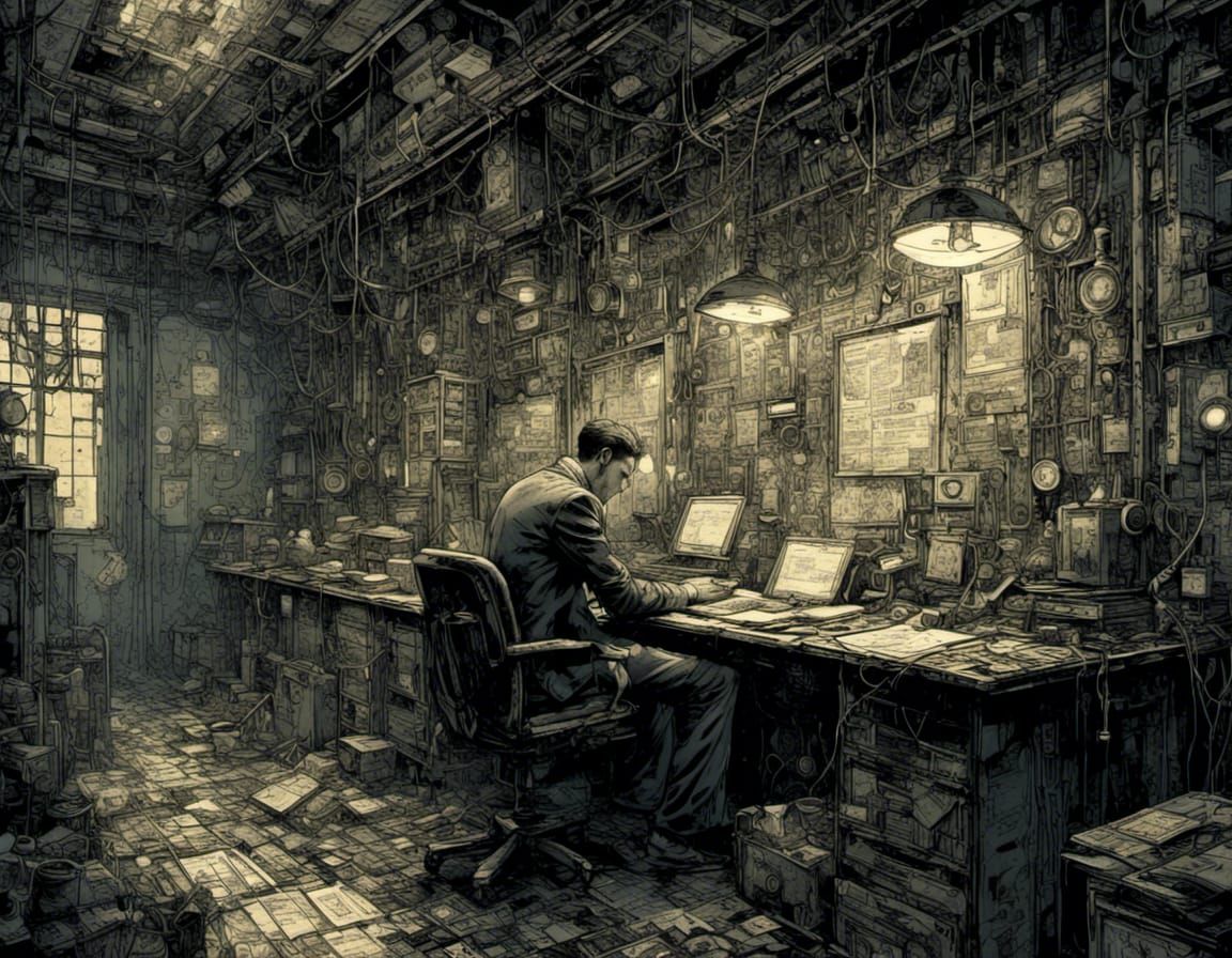 Cybernoir Detective Exhausted in Cubicle Office